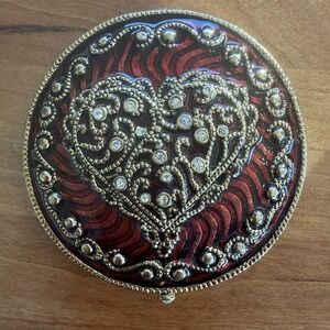 Vintage Monet Jeweled Compact Mirror Red Enamel Rhinestone Heart w/ Box